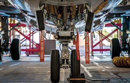 Wheel view of aircraft in hanger