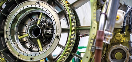 Disassembled jet engine in factory