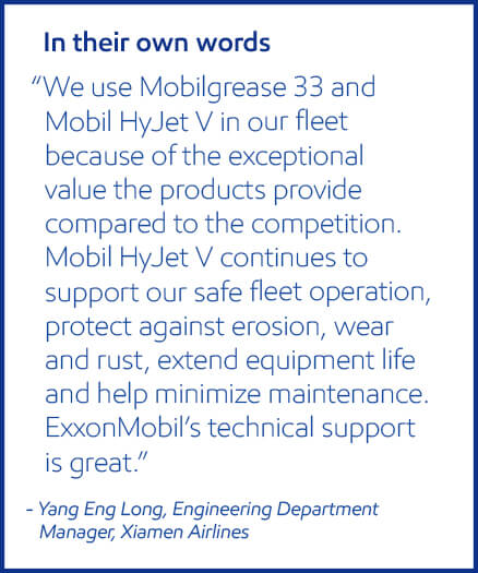 Xiamen Airlines engineering department manager discussing Mobilgrease 33 and Mobil HyJet V