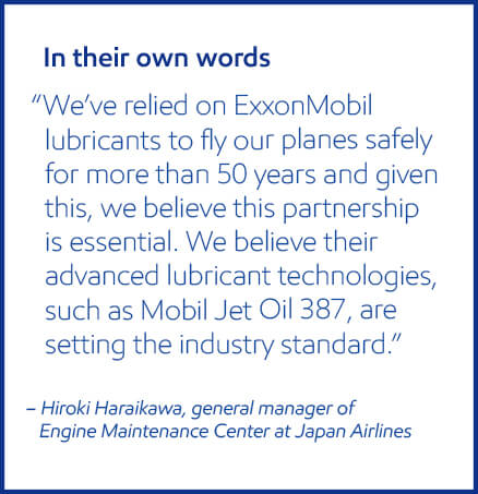 Japan Airlines general manager of engine maintenance center discussing ExxonMobil lubricants.