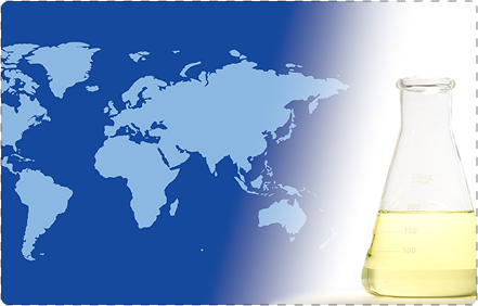 A laboratory flask with EHC 340 MAX base stock on the foreground of a two-tone global map.