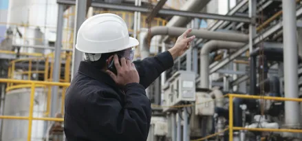 An engineer pointing towards a refinery while holding a cell phone and wearing protective equipment.]