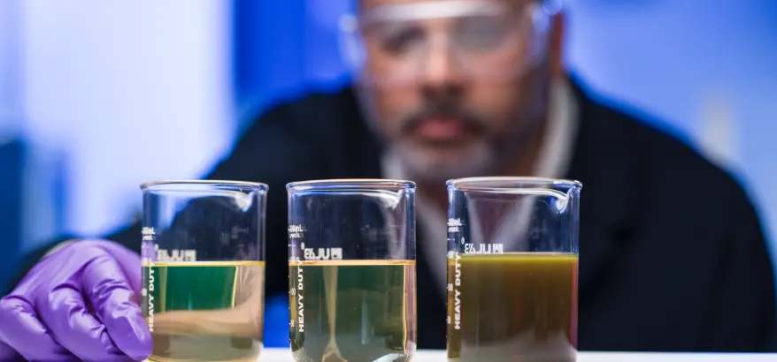 A man inspecting beakers of liquid    