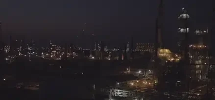 A refinery at night, ship on sea, and vehicles on a highway