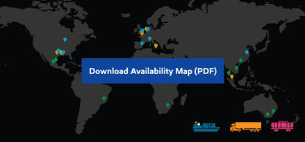 The image shows a dark world map with colorful location pins scattered across North America, Europe, Africa, Asia, and South America. A large blue button centered on the map reads “Download Availability Map (PDF).” At the bottom, three small icons depict a cargo ship, a freight truck, and a rail tank car, suggesting different transport modes. The overall design looks like a logistics or service availability graphic.