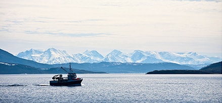 Ship with mountain view in distance