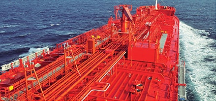 Aerial view of red ship deck