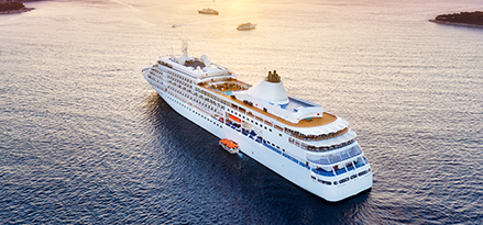 A large white cruise ship sailing through calm waters at sunset, surrounded by smaller boats. 