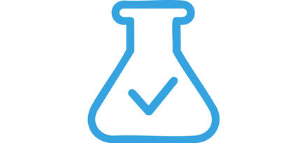 The image shows a simple blue line icon of a laboratory flask. Inside the lower portion of the flask, there is a check mark, also in blue. The design suggests concepts like tested, verified, or lab-approved. The background is white and the style is clean and minimalistic.