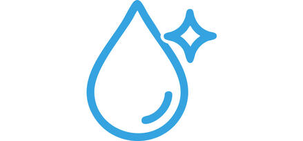 The image shows a simple blue line icon of a water droplet. Inside the droplet, a small curved line suggests a shine or reflection. To the upper right of the droplet, there is a four-point sparkle symbol, emphasizing cleanliness or purity. The overall style is minimalist and clean, typical of icons for water, cleaning products, or freshness.