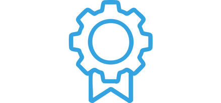 The image shows a simple blue line icon combining a gear and an award ribbon. A circular gear outline forms the top, with a ribbon tail hanging below it. The design suggests themes of quality assurance, certified performance, or technical achievement. The icon is centered on a white background.