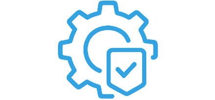 The image shows a simple blue icon on a white background. It features a gear symbol, representing settings or configuration. Overlapping the gear is a small shield with a checkmark, suggesting security, verification, or approved status. The overall style is clean and minimal.