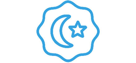 The image features a simple blue line icon centered near the top of a white background. The icon shows a crescent moon and a five-pointed star enclosed within a wavy circular badge or seal shape. The design is minimalistic and evenly weighted, suggesting a nighttime or sleep-related theme. The rest of the canvas is blank, emphasizing the clean, modern look of the symbol.