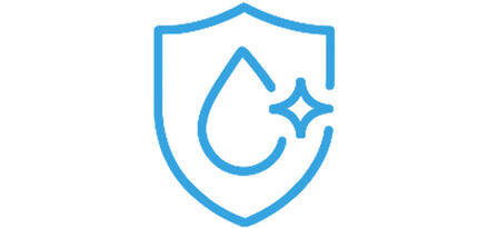 The image shows a blue line icon of a shield containing a water droplet and a sparkle. The droplet is centered inside the shield, and the sparkle appears to the upper-right of the droplet, suggesting cleanliness or purification. The style is simple and minimal, with rounded lines and no background details. It resembles a logo for water protection, purification, or hygiene.