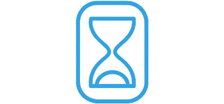 The image shows a simple blue outline of an hourglass icon within a rounded rectangular frame at the top center. The hourglass has the classic narrow middle with bulb shapes on both ends, suggesting the passage of time. The background is plain white with ample empty space surrounding the icon. The design is clean and minimal, resembling a timer or loading symbol.