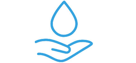 The image shows a minimalist blue line icon on a white background. A stylized hand is cupped upward, and above it is a large water droplet. The design suggests themes of water conservation, care, hygiene, or sustainability. The composition is clean and modern, with ample white space around the icon.